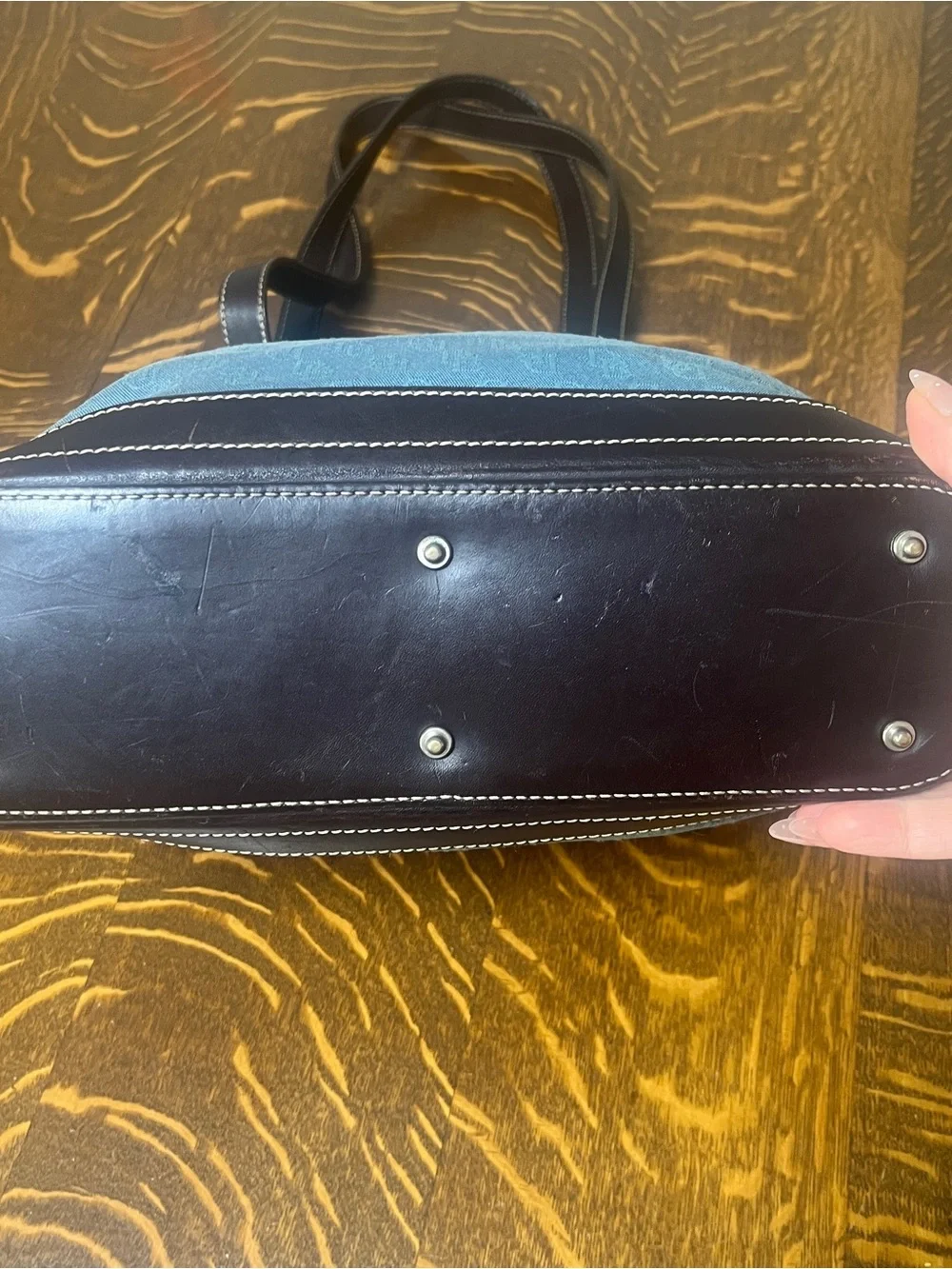 Dooney & Bourke Blue Logo Canvas Tote with Dark Brown Leather Trim Y2K Purse.